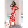 thumbnail image 3 of I AM A FASHION JUNKY Red Floral Print Trimmed V Neck Ruffle Sleeve Long Dress (Red, M, 100%Polyester), 3 of 8