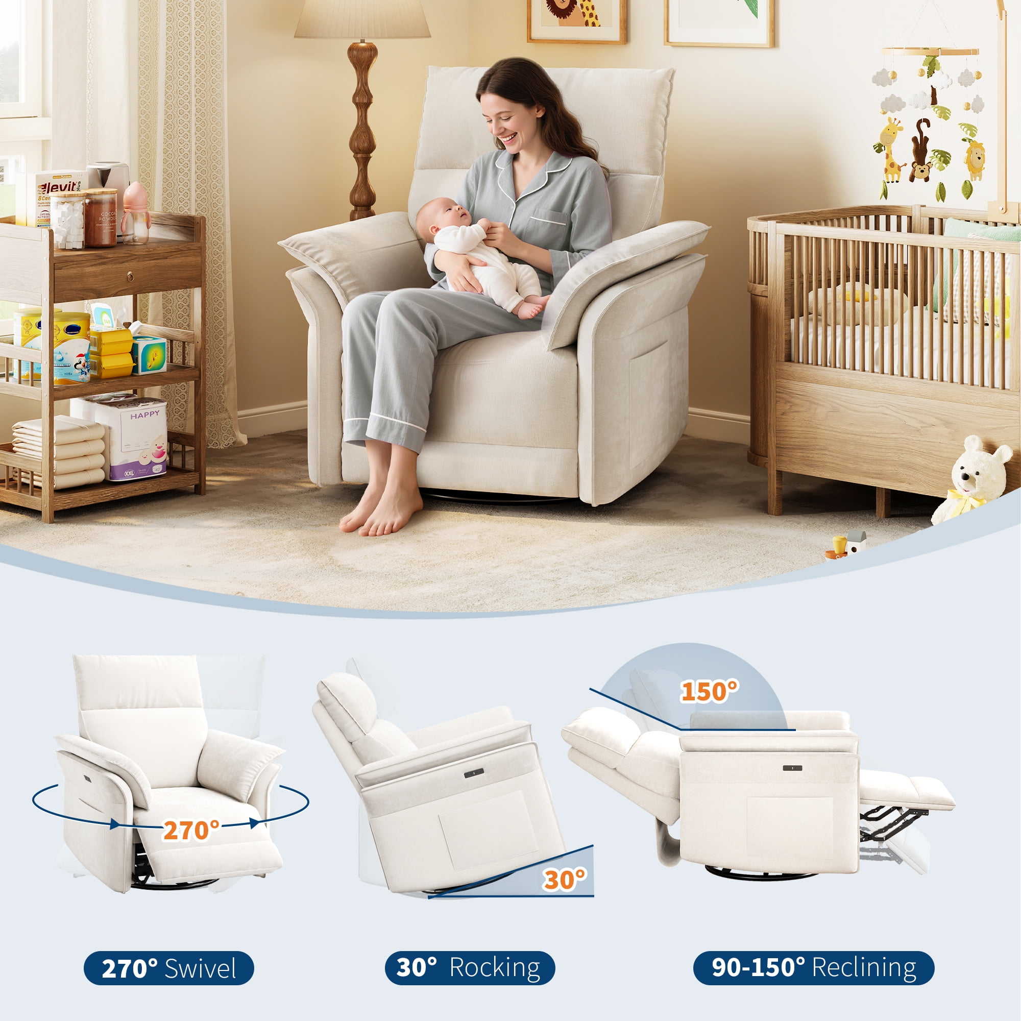 Power Recliner Chair Glider – Swivel Rocker with USB Charging Port, 270° Rotation, 350 lb Capacity, & Double-Layered Armrests – Chenille Upholstery for Living Room, Nursery, Bedroom