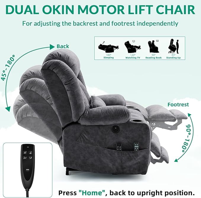 VIVIJASON Tall Man Dual Motor Power Lift Recliner, Oversized Lay-Flat Sleeper with Extended Footrest, Heat, Massage, Lumbar Pillow & USB/Type-C, Plush Grey