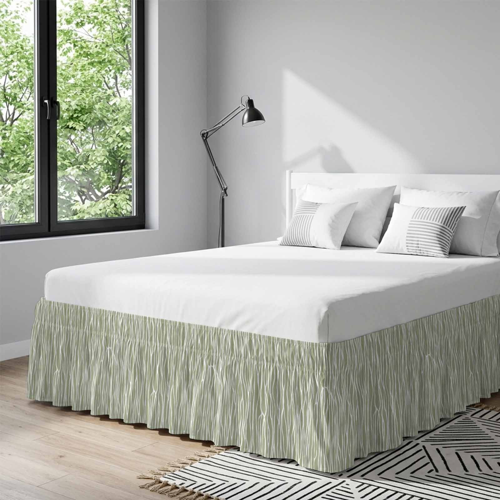 Bed Skirt Sage Green Stripe Adjustable Elastic Wrap-Around Dust Ruffle with Retro Abstract Art Farmhouse Sage Green Stripe Waves 18 Inch Drop, Bed Frame Cover for King Size Bed