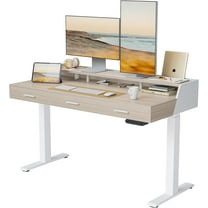 FEZIBO Electric Standing Desk with 3 Drawers & Monitor Shelves, 55 x 26 inches Sit Stand Home Office Desks, Light Walnut