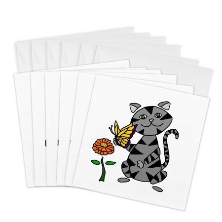 3drose Funny Gray Tabby Cat with Butterfly and Flower Cartoon 6 Greeting Cards with Envelopes