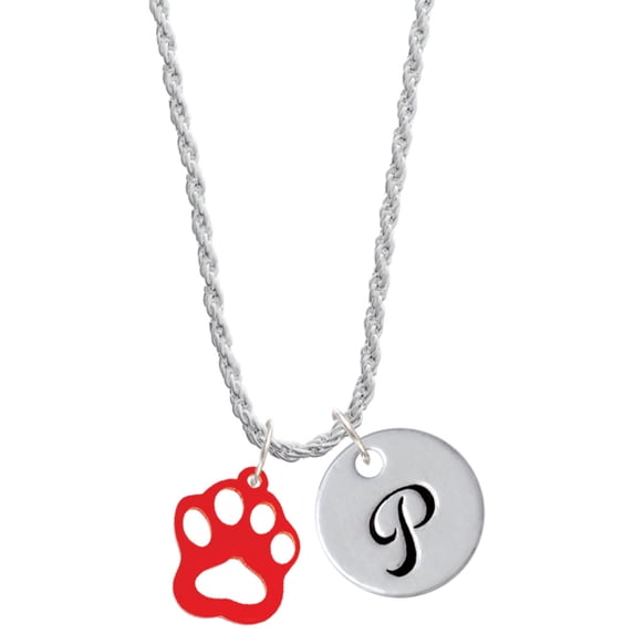 Delight Jewelry Acrylic Small Paw Red Silvertone Script Initial Disc - P - Charm Necklace, 20"+3"