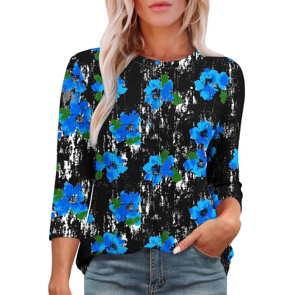 Njagoc3 Womens Crew Neck 3/4 Sleeve Blouse, Black - Blue Floral Print Top, Chic for Evening Events