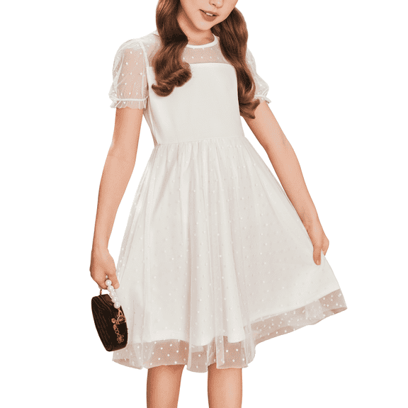 Oudiya Girls Contrast Mesh Short Sleeve Dress Puffy Casual A Line Party White Dress for Kids 3-12Y
