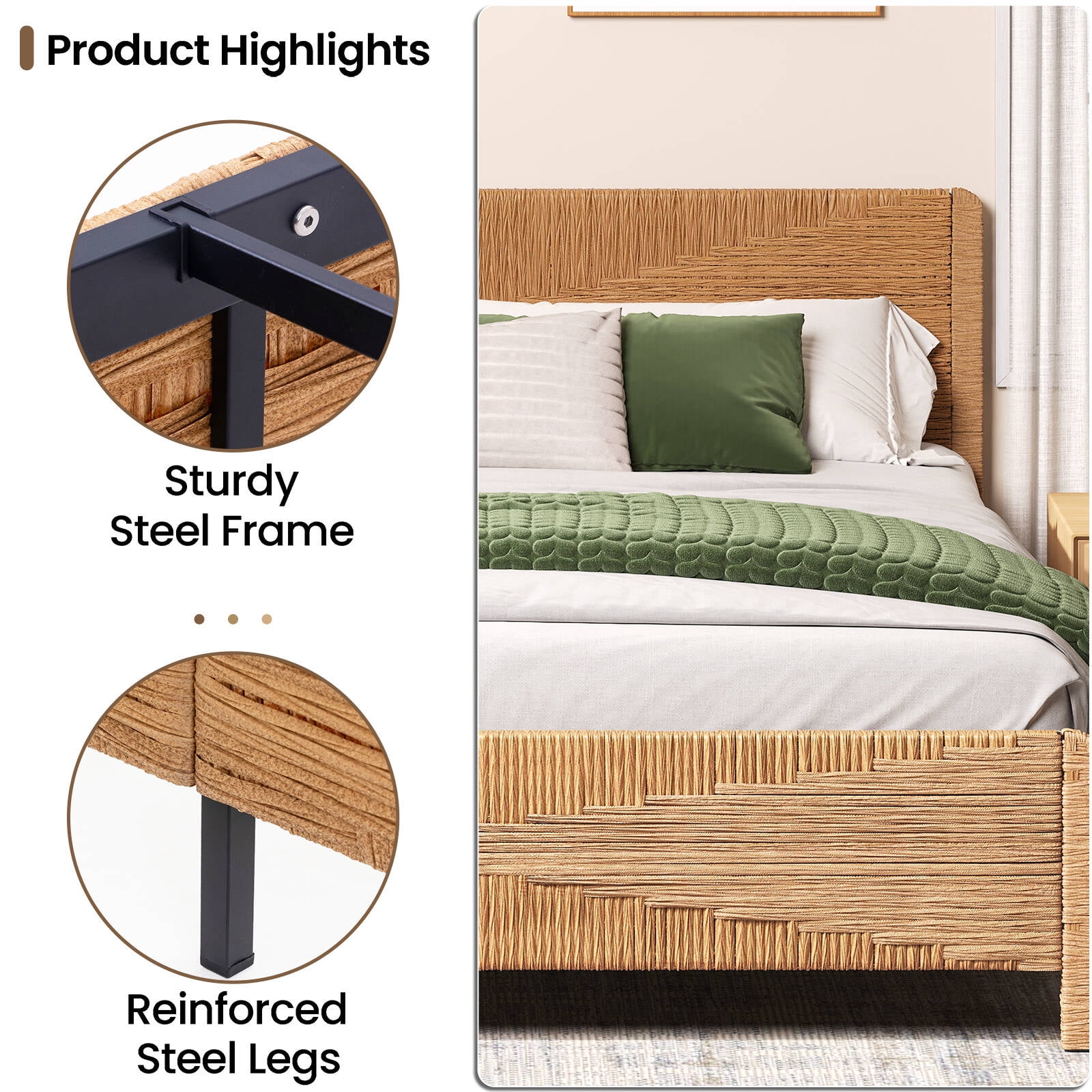 Brafabhome Bohemian King Bed Frame with Hand-Woven PE Rattan Headboard and Footboard, No Box Spring Needed, 1000lbs