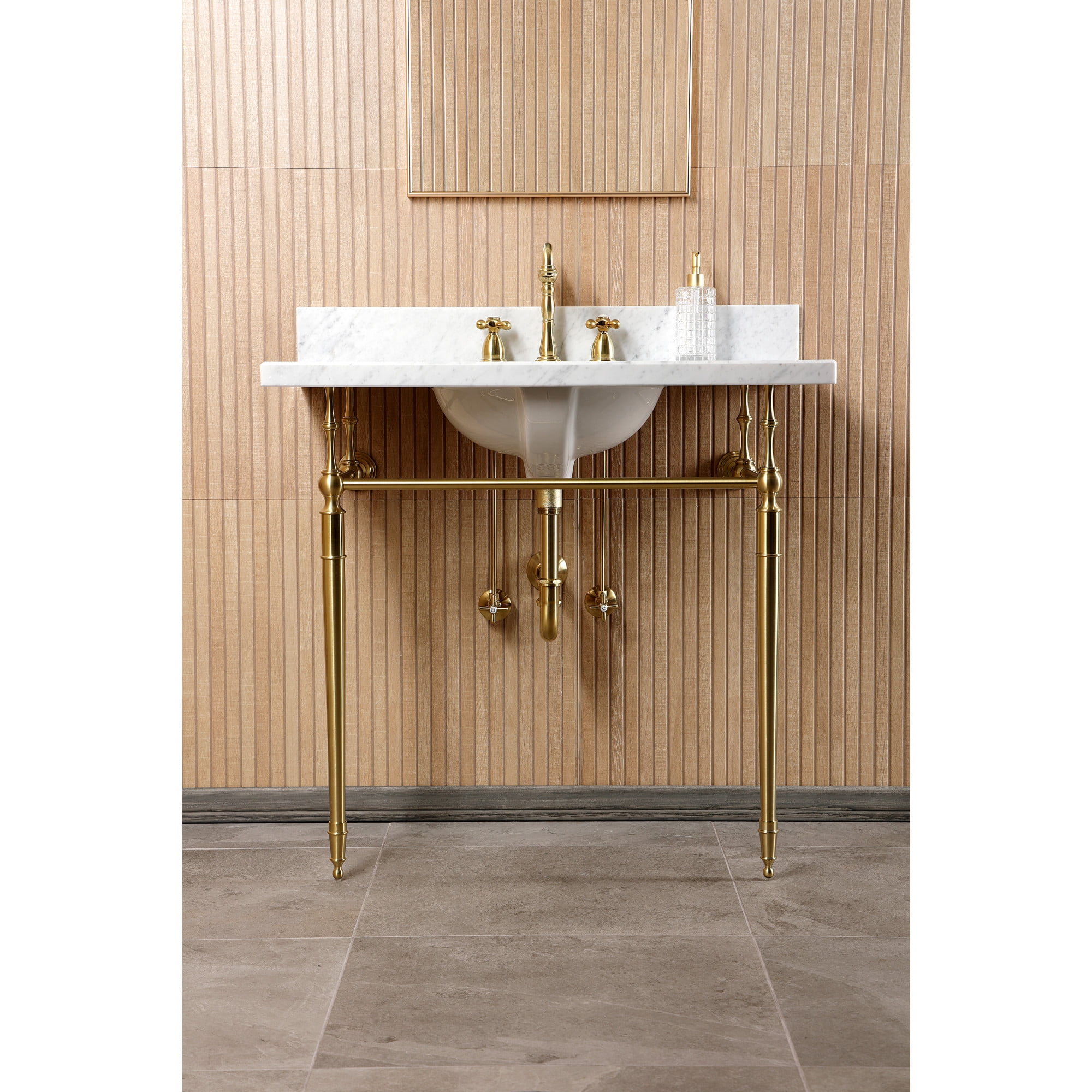 Kingston Brass CKVPB3622M87 Edwardian 36" Carrara Marble Console Sink Set with Widespread Bathroom Faucet and Plumbing Trim Kit (8-Inch, 3-Hole), Carrara Marble White/Brushed Brass