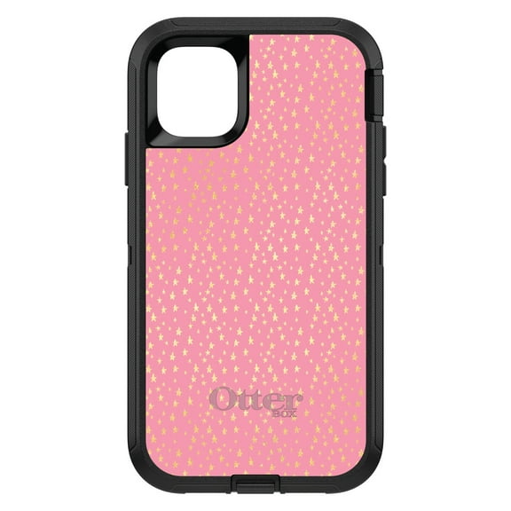 DistinctInk OtterBox Defender Custom Case for Apple iPhone 15 (6.1" Screen) - Pink & Gold Star Pattern - Wireless Charging Compatible