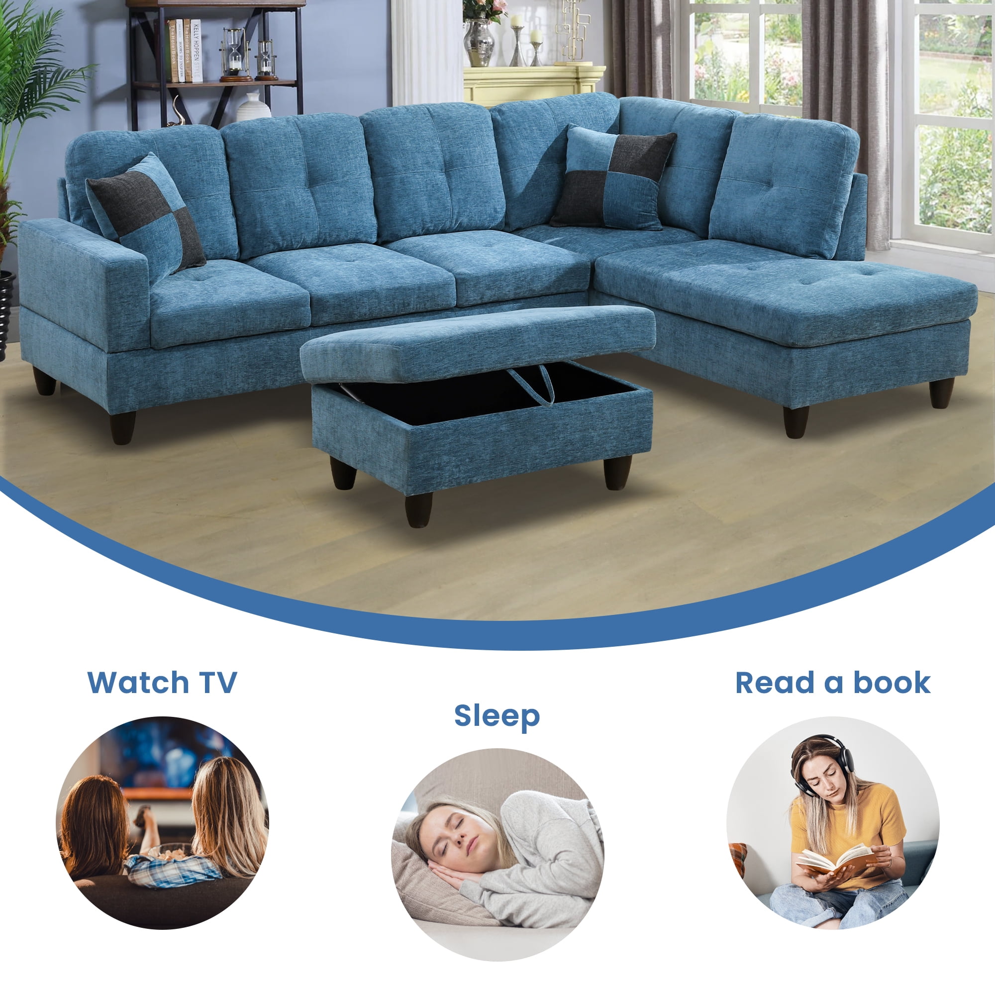 Aukfa 103" Sectional Sofa with Storage Ottoman, L Shape Couch for Living Room, Right Facing Chaise, Flannel, Blue