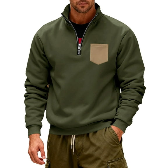 XIAONU Heavyweight Sweatshirt Half-Zip Stand Collar Pullover Top Casual Comfort Outdoor Sweatshirts Army Green L