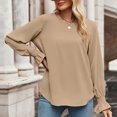 thumbnail image 2 of Jersey de cuello redondo para mujer, Color sólido, fibra de poliéster, puño fruncido, manga larga, Tops elegantes para otoño, color caqui XXL, 2 of 6