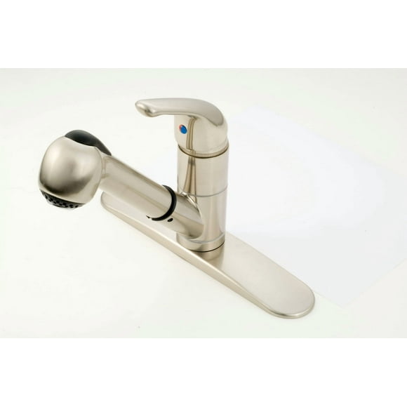 American Brass Faucet SL1000N Used For Kitchen; Single Piece 8 Inch Deck Mount; Pull-Out Spout; Single Lever Handle; Brushed Nickel Plated; 1/2 Inch NPT; 1 Hole Application