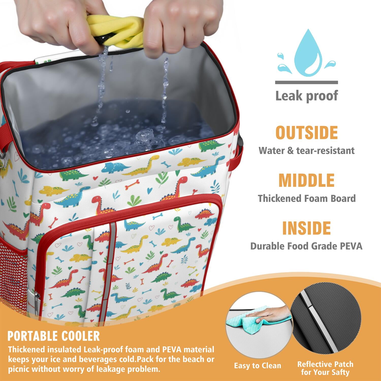 Travel Cooler Bag - White Cartoon Dinosaurs Bones Leaves Pattern Camping Beer Cooler Backpack with Bottle Opener- Waterproof Insulated Picnic Backpacks - Cooler Bag for Beach