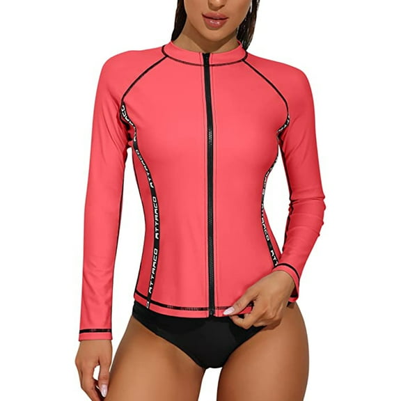 Women's UPF 50 Zipper Rash Guard, Water Surfing Long Sleeve Swimsuit, UV/Sun Protection Swim Shirts Wetsuit Top
