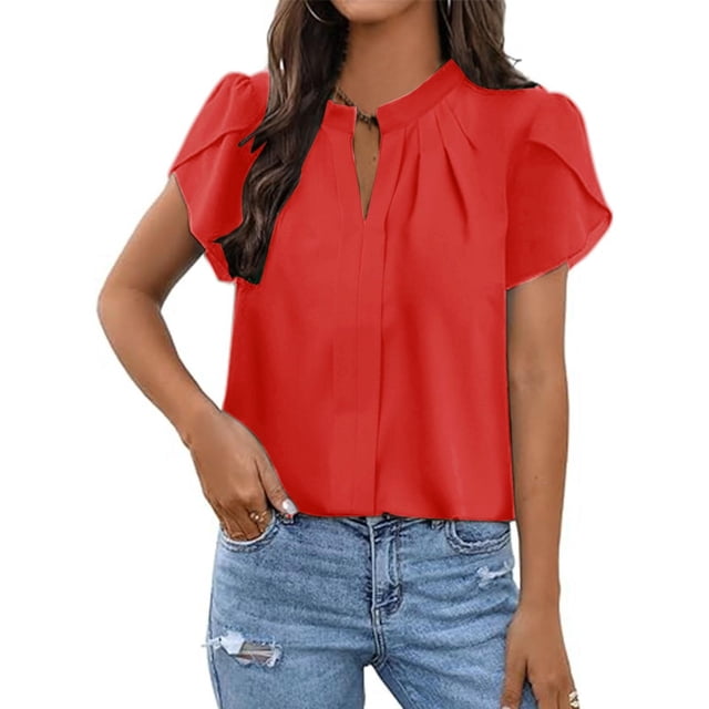 Vêtements pour Femmes Liquidation Bdfzl Femmes Décontracté Col Rond Manches Courtes Col en V Haut Blouse T-Shirts Tendance Tunique Plissée Rouge m