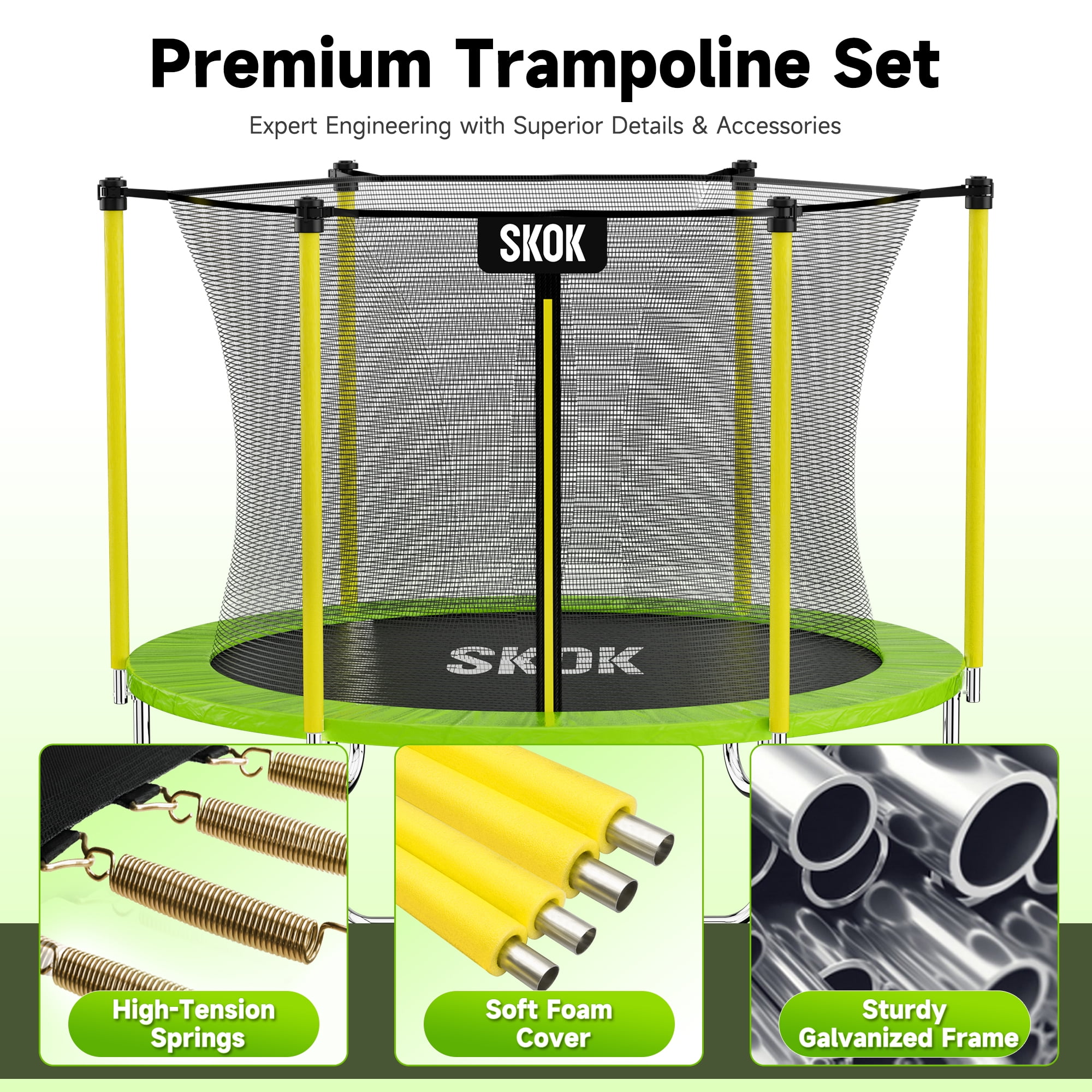 SKOK 8ft Round Trampoline for Kids & Adults, Heavy Duty Outdoor Trampoline with Safety Enclosure Net for Family Fun, Green & Yellow