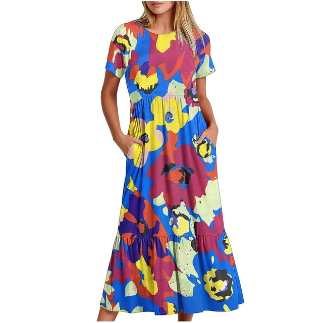 Pisexur Robe à Manches Courtes Col Rond Mode Femme Robe Imprimée Col Rond Blouse Femme en Solde