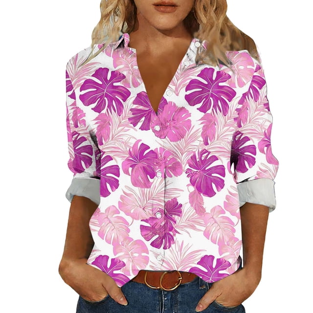 Camisas de cuello de la tripulación de manga corta para las mujeres hawaiana impreso cuello acampanado blusa casual suave verano playa top