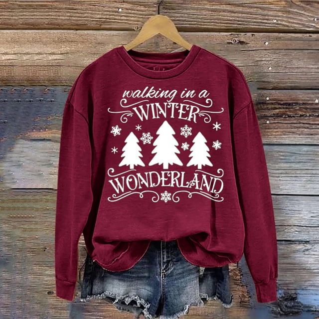Qertyioot Pull d'Hiver Mode Femme Imprimé de Noël, Manches Longues Col Rond Chaud Ample Tendance Hauts Tricotés
