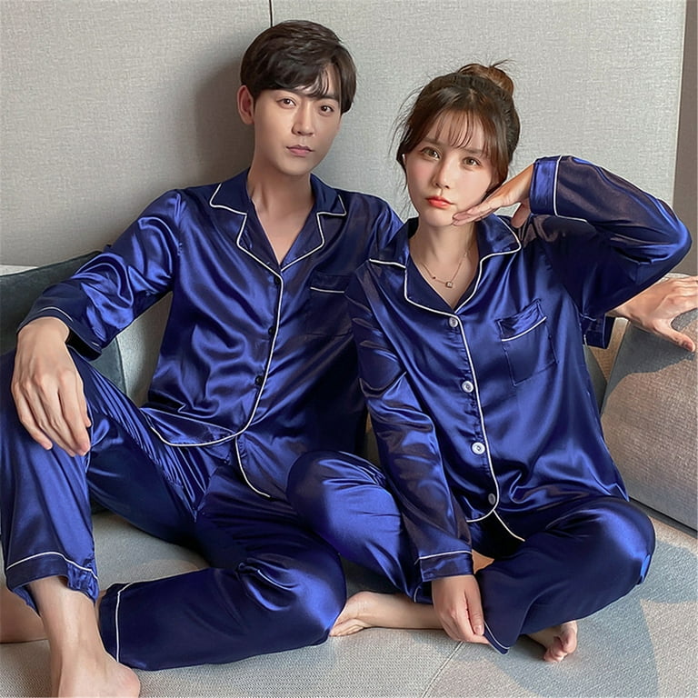 MITCOWBOY Womens Pajama Sets Men s Casual Pyjamas Long Sleeve Blouse Button Silk Satin Two Piece Sleepwear Suit Pant Pyjama Silk Pajama Set Sexy