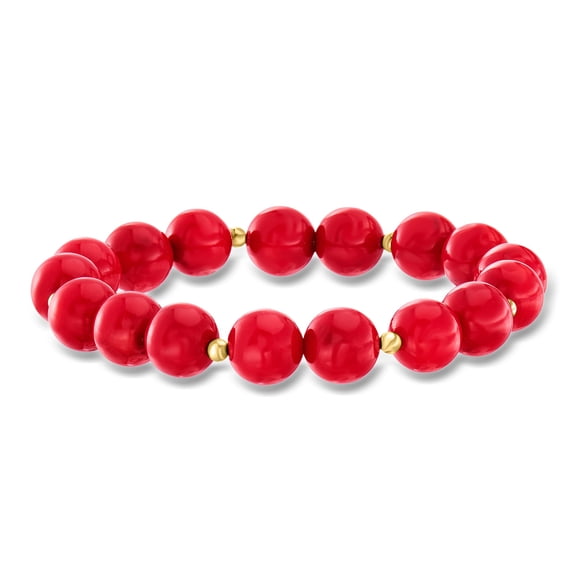 Ross-Simons 10mm Red Coral Bead Stretch Bracelet With 14kt Yellow Gold, Women's, Adult