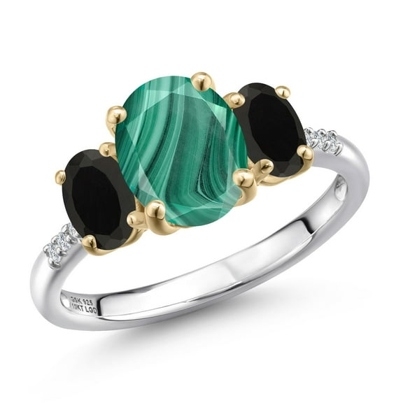 Gem Stone King 925 Silver and 10K Yellow Gold Green Malachite and Black Onyx and Lab Grown Diamond Engagement Ring for Women | 3.36 Cttw | Oval 9X7MM | Birthstone | Size 5