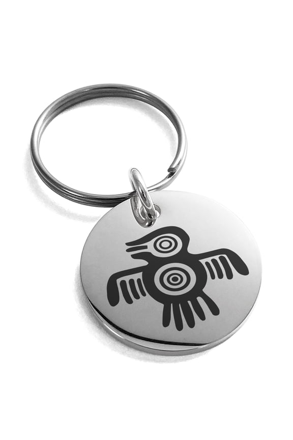 Stainless Steel Aztec Truth & Wisdom Eagle Rune Engraved Small Medallion Circle Charm Keychain Keyring