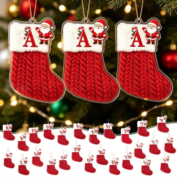 Fegute Red Christmas Socks Acrylic Ornaments 2D Flat Personalized Alphabet Pendants Decorative Tree Hanging Decorations for Home Holiday Party Indoor Use