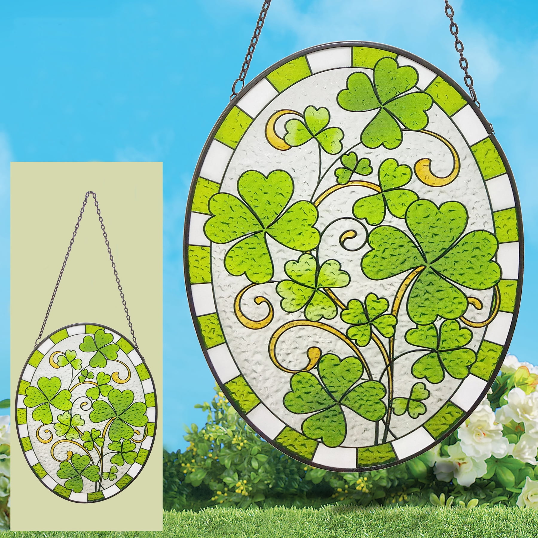 Shamrock Stained Glass Window Hanging Plaque, Handmade Painted Glass