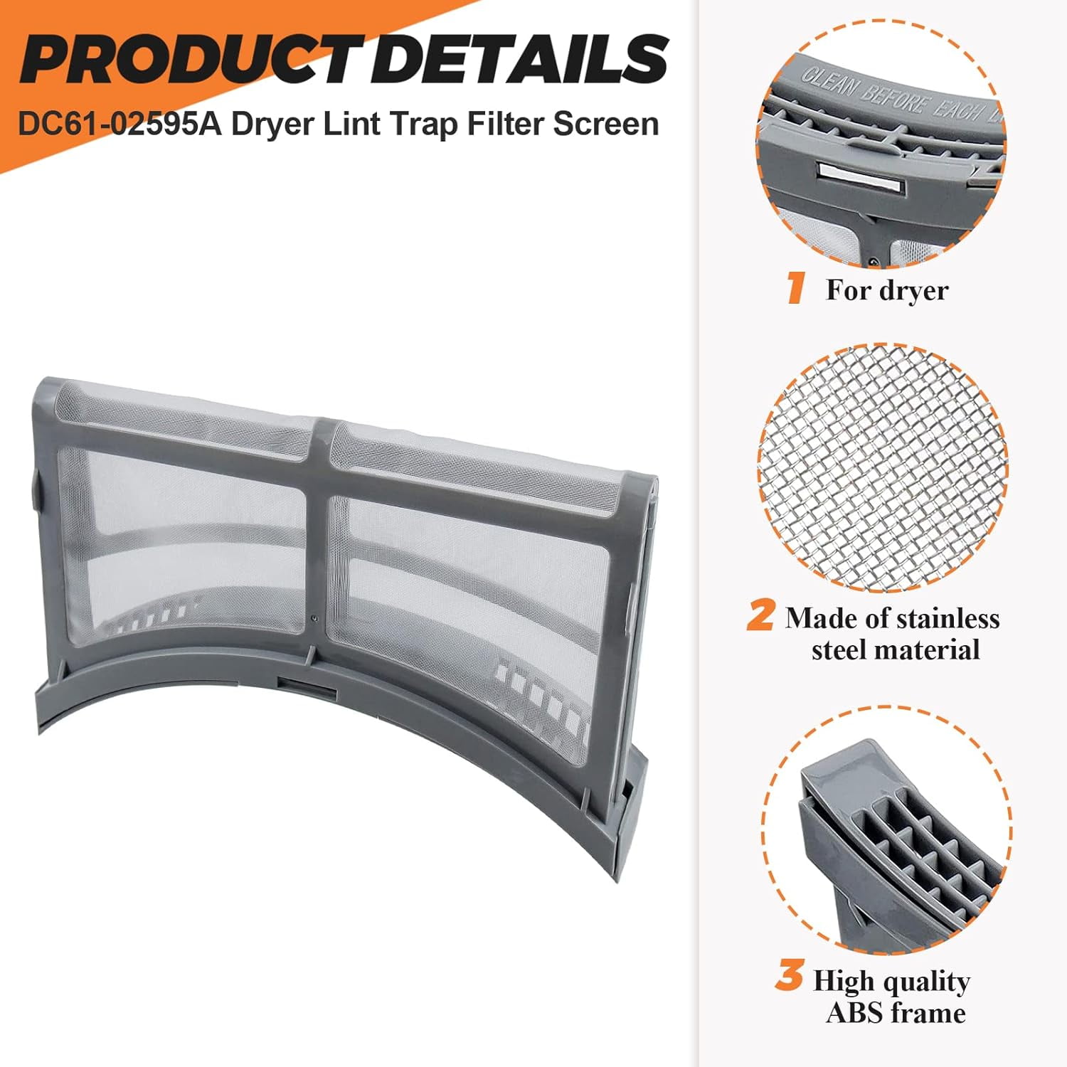 DC61 02595A Dryer Lint Trap Filter Screen Case Replacement Part Upgraded ABS Frame Compatible with Samsung