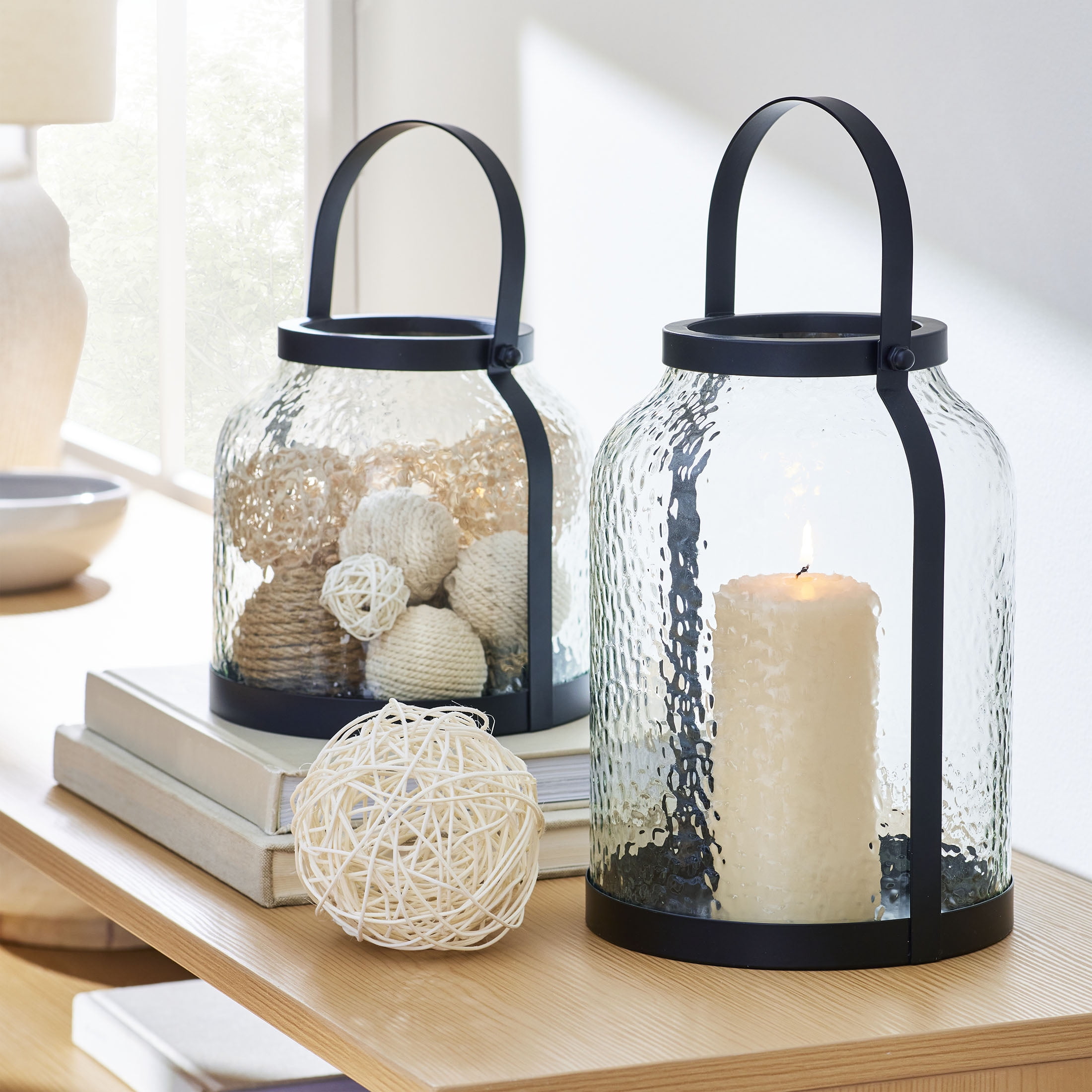 (2 pack) Better Homes & Gardens Black Metal Hammered Glass Candleholder Lantern, 8", Medium