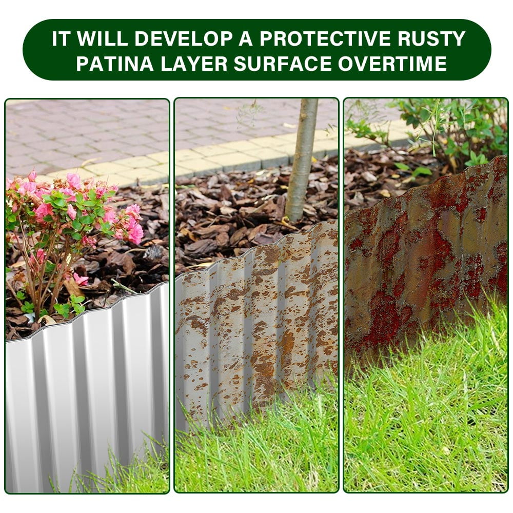 12 Inch 10 FT Garden Landscape Edging Border Galvanized Sturdy Metal Hemmed DIY Edging for Landscaping Lawn Flower Beds Patio Pathway Divider Design, Silver