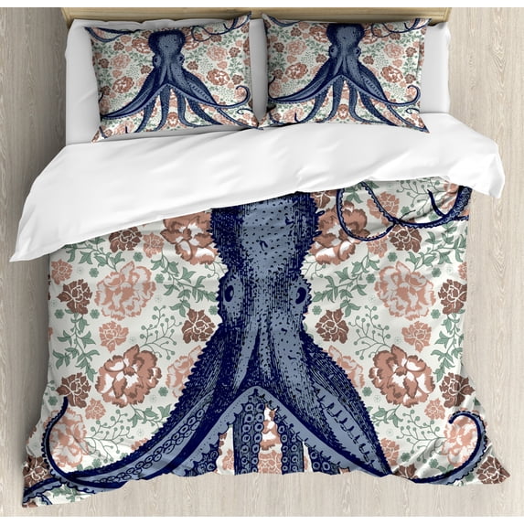 Octopus Duvet Cover Set Queen Size, Pastel Colored Composition with Sea Animal and Blossoming Vintage Style Flowers, Decorative 3 Piece Bedding Set with 2 Pillow Shams, Multicolor, by Ambesonne