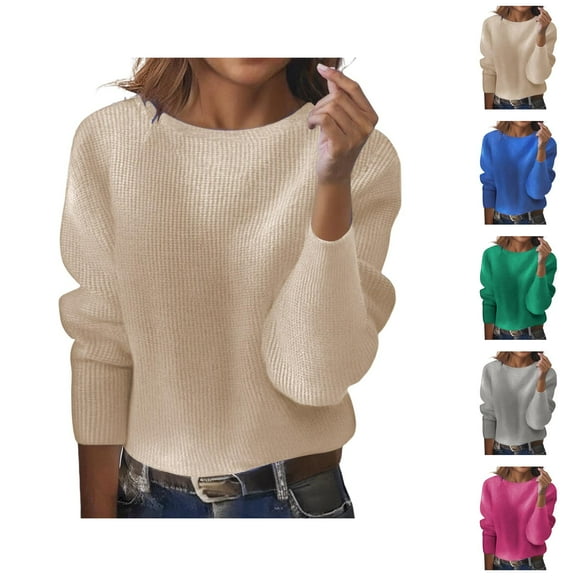 Pullover Sweaters for Women 2025 Long Sleeve Crewneck Loose Plain Ribbed Knit Cropped Sweater Tops Fall Winter Outfits