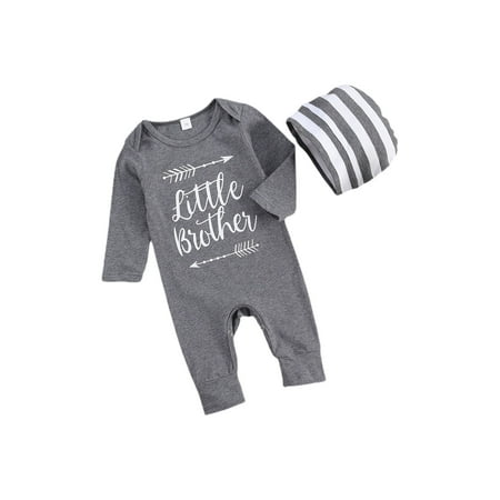 

TheFound Newborn Infant Little Brother Baby Boy One Piece Jumpsuit Long Sleeve Solid Onesies Romper Bodysuit with Hat