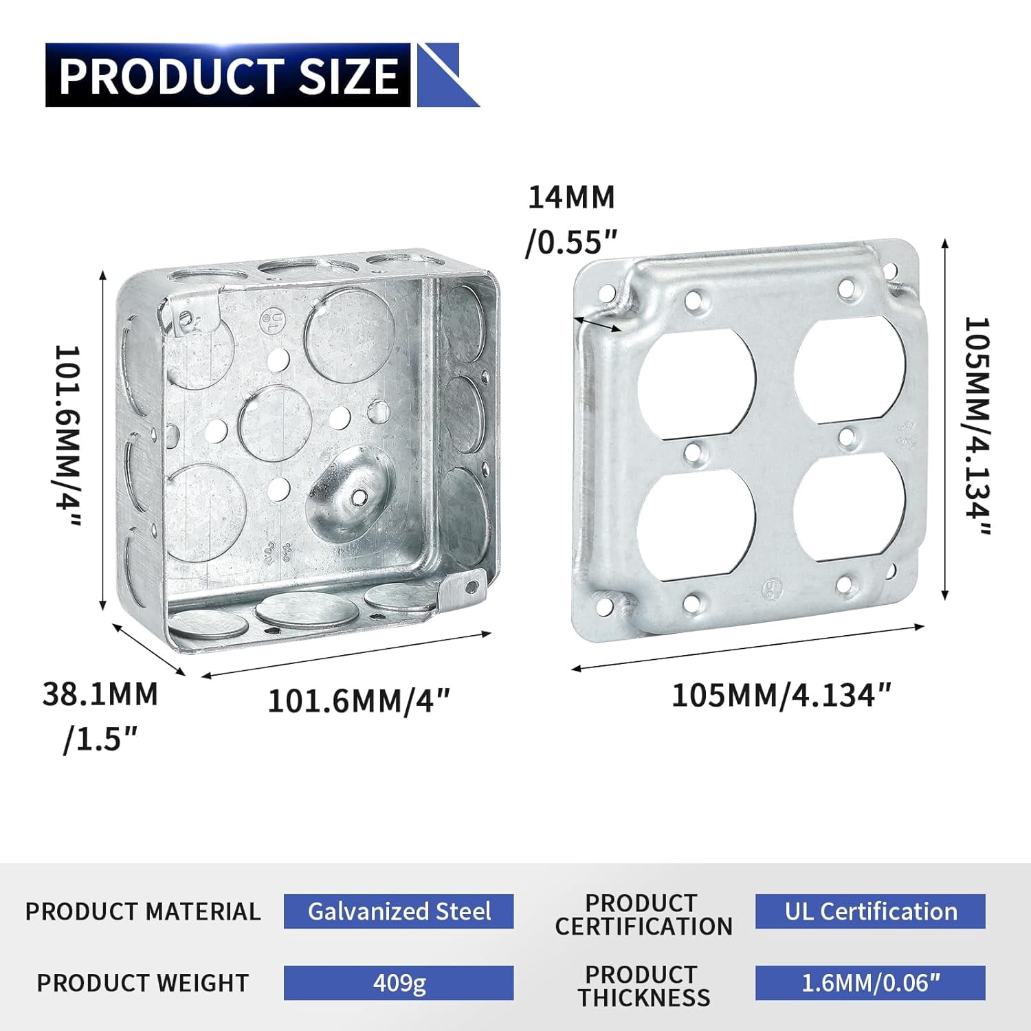 Galvanized Steel Metal Outlet Box 4x4 and Outlet Cover with 6screws,2-Gang Duplex Receptacle Box,8*1/2''&4*3/4"in Side and 2*1/2''& 2*3/4" in Bottom Knockouts,Thickness 1.6mm,Raised Ground