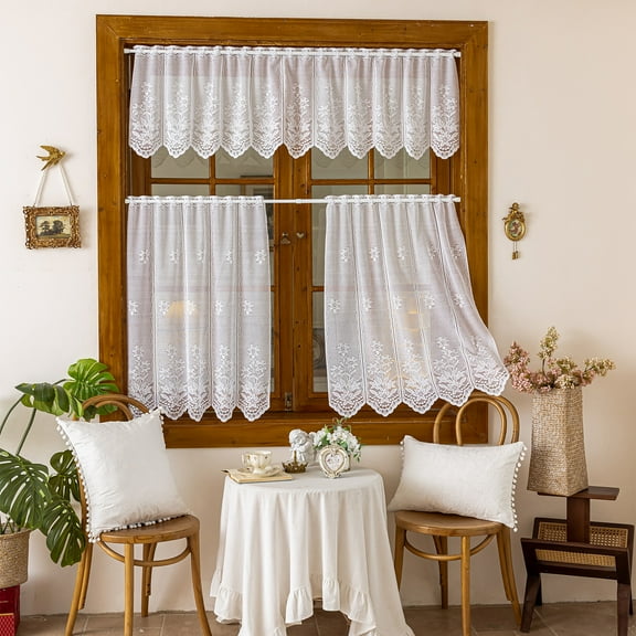 Sunyuer Pure White Floral Rose Lace for Kitchen Short Curtains - Rod Pocket White Lace Cafe Window Sheer Drapes for Small Curtains