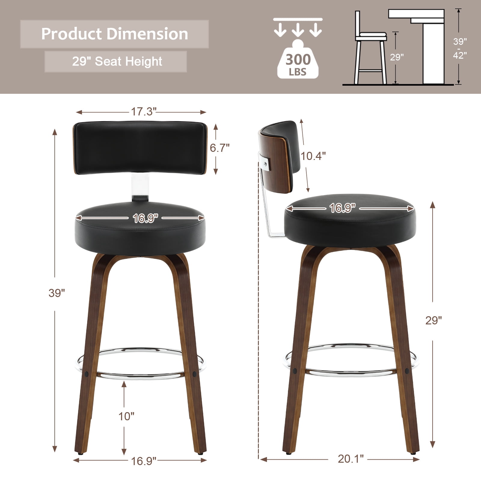 ANMINY Bar Stools Set of 2 360° Swivel with Back and Round Seat PU Leather Barstools 29" Bar Height Upholstered Bar Chairs Island Stools for Kitchen Counter