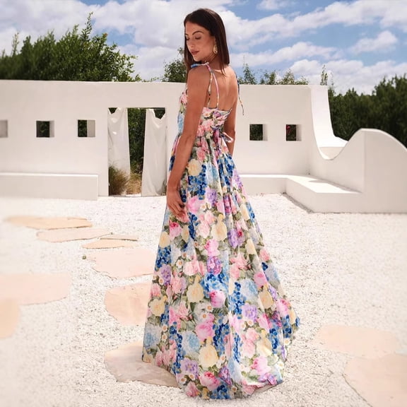 2026 New Women's Colorful Floral Spaghetti Strap Maxi Dress Square Neck High Slit Formal Party Vacation Long Dress
