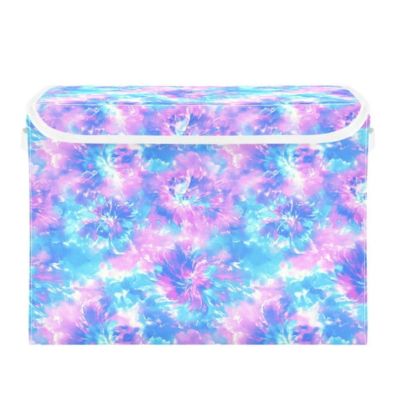 Blue and Purple Watercolor Tie Dye Large Storage Bins with Linen Collapsible Lid Storage Box 16.7 x 12.6 x 11.8in