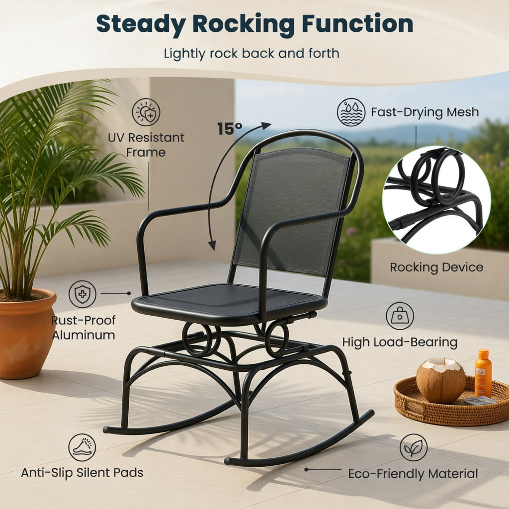 Hommoo 2-Piece Outdoor Rocking Chair Set, Powder-Coated Metal Patio Rockers with Breathable Mesh Back & Seat, Modern Yard Chairs for Deck, Porch or Garden, Black