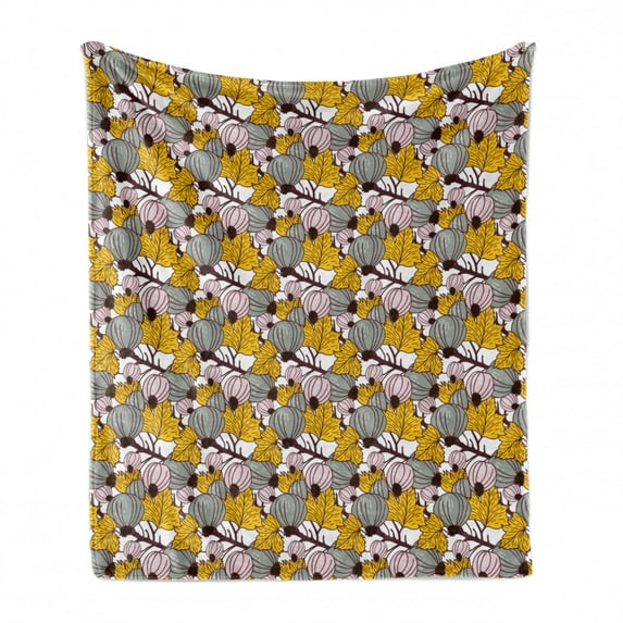 Botanical Soft Flannel Fleece Throw Blanket, Pattern of Leaves and Figs on Branches Meadow Scene Artwork, Cozy Plush for Indoor and Outdoor Use, 70" x 90", Earth Yellow Blush and White, by Ambesonne