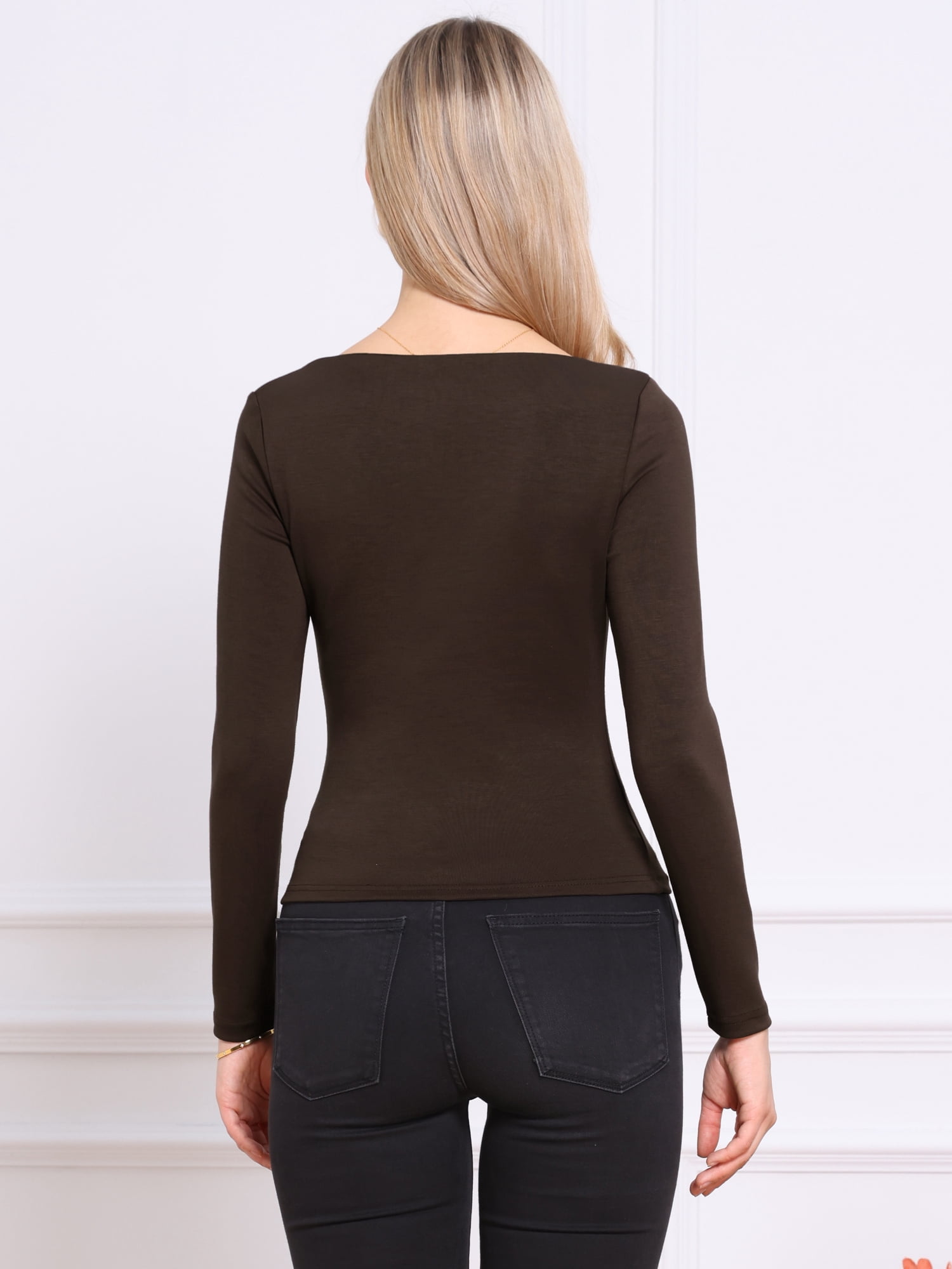 DARING DIVA Women's Boat Neck Long Sleeve Ruched Casual Top XL Coffee Brown