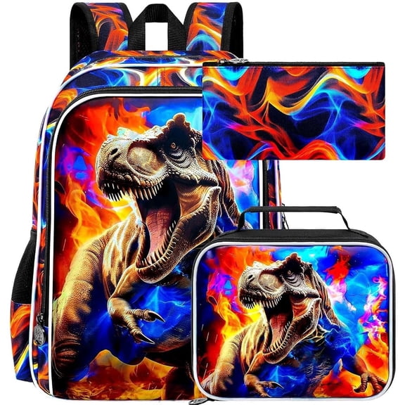 3PCS Boys School Backpack Set, Dinosaur Bag with Fire Bookbag and Lunch Box, 17 Inch Water Resistant for Teenagers Elementary Middle