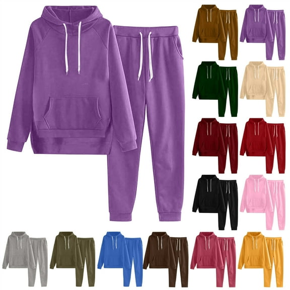 QATAINLAV Jogger Sets for Women 2 Piece Sweatsuits Casual Slit Pullover Hoodies and Drawstring Sweat Pants Fall Long Sleeve Track Outfits, Black, L,