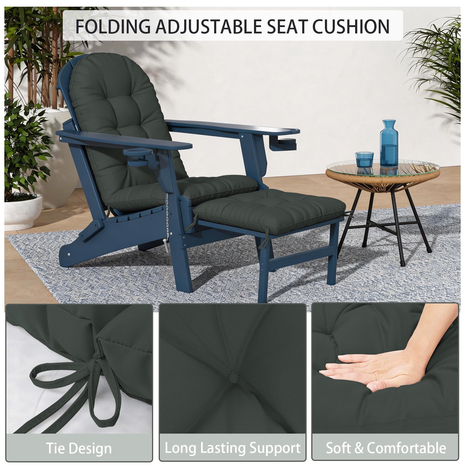 HONEY HOME Outdoor Adirondack Chair Cushions, 44x19x4 Inch Waterproof Rocking Chair Cushion and 17x19 Ottoman Cushion for Patio, Garden