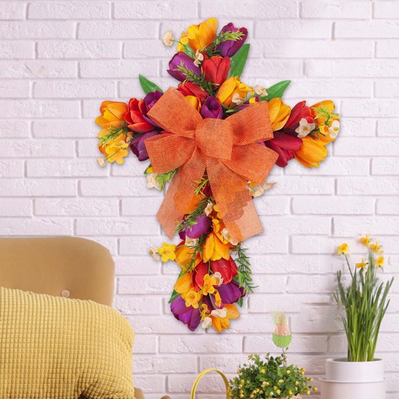 Easter Cross Wreath, 17.7in Easter Wreath with Cross Bow Easter Cross Lily Wreath, for Front Door Indoor Outdoor Religious Decor Easter Decorations(Orange, 17.7x13.8in)