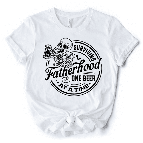 Surviving Fatherhood Skeleton Beer T-Shirt, White Vintage Tee for Tired and Hilarious Dads