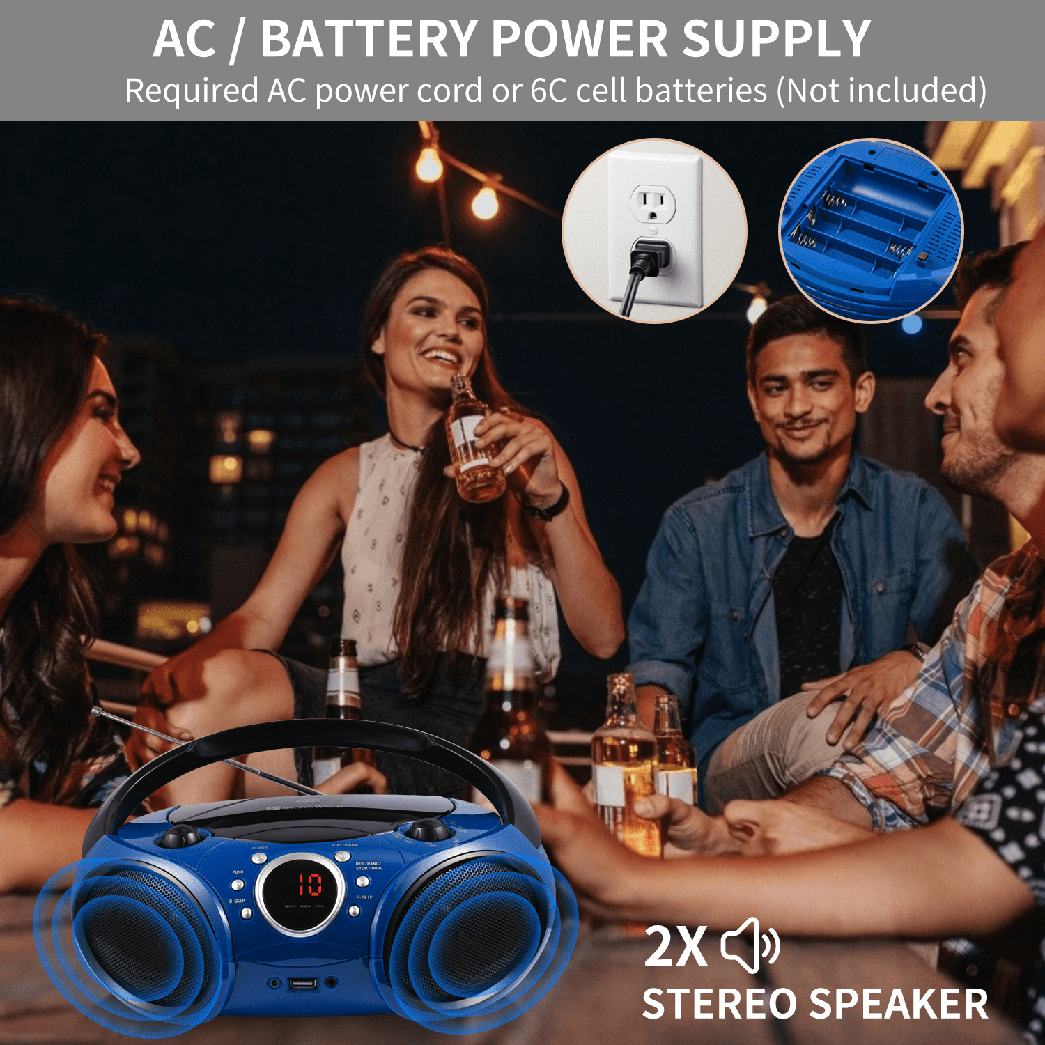 singing wood Portable Bluetooth CD Player Boombox with AM FM Radio, Aux In, Headphone Jack, AC/Battery, Blue