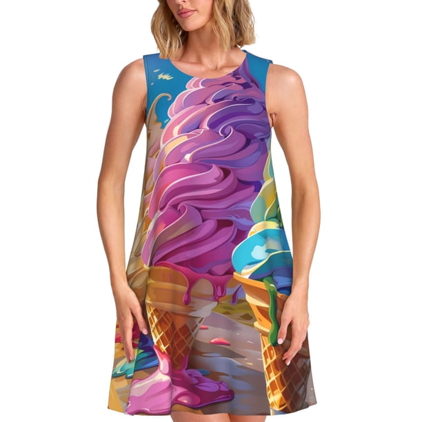 Fotbe Rainbow Melting Ice Cream Vestido de Verano sin Mangas para Mujer – Vestido Midi Línea A, Estilo Camiseta Floral, Vestido Playero Casual y Fluido